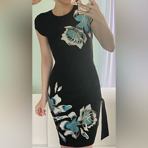 Cache Black Dress with Blue and Gold Floral Accents